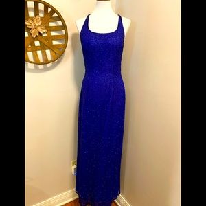 VTG Scala evening gown formal prom dress royal blue beaded long cross cross back